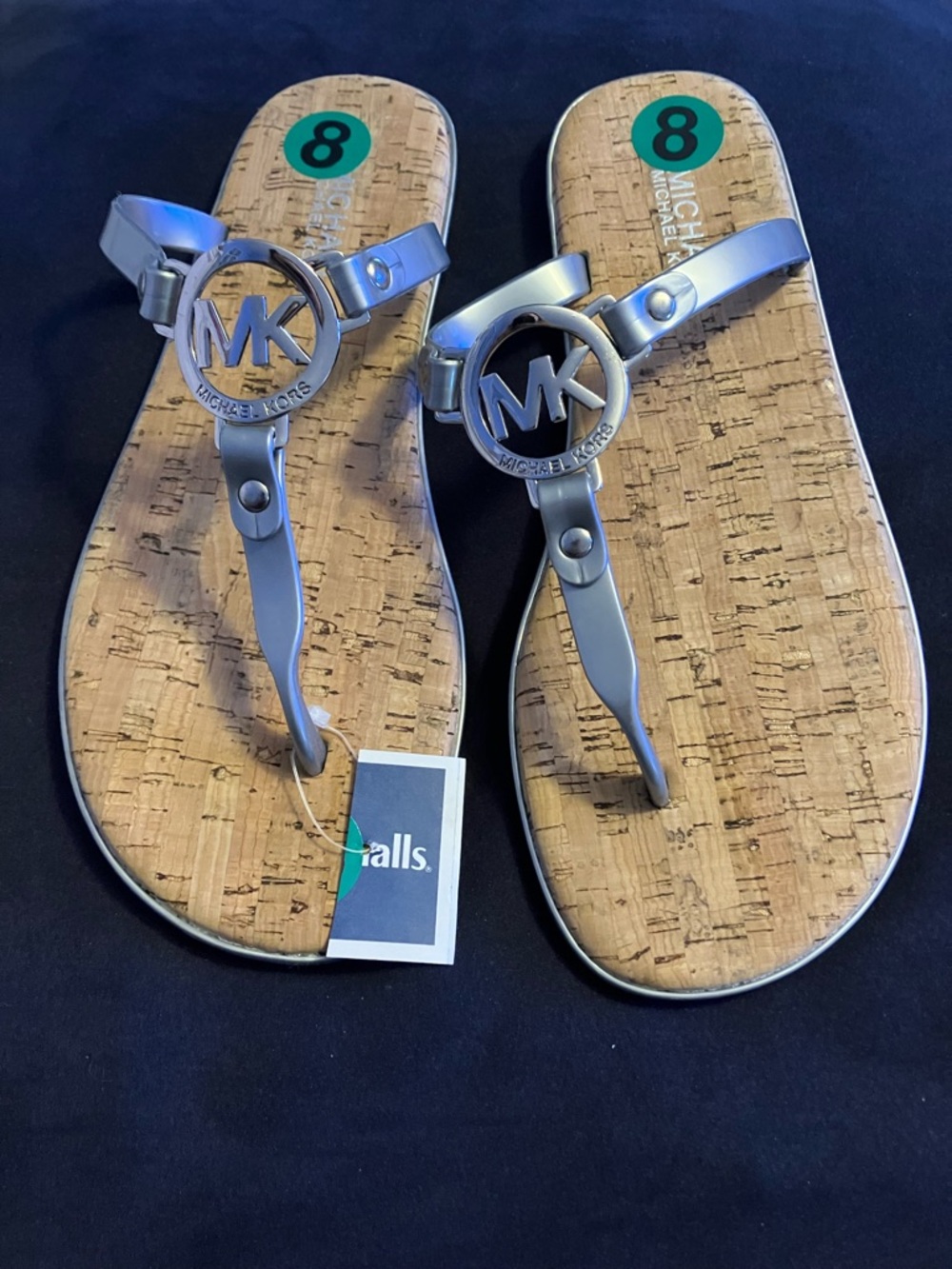 Michael Kors Silver MK Logo Cork-Style Thong Sandals